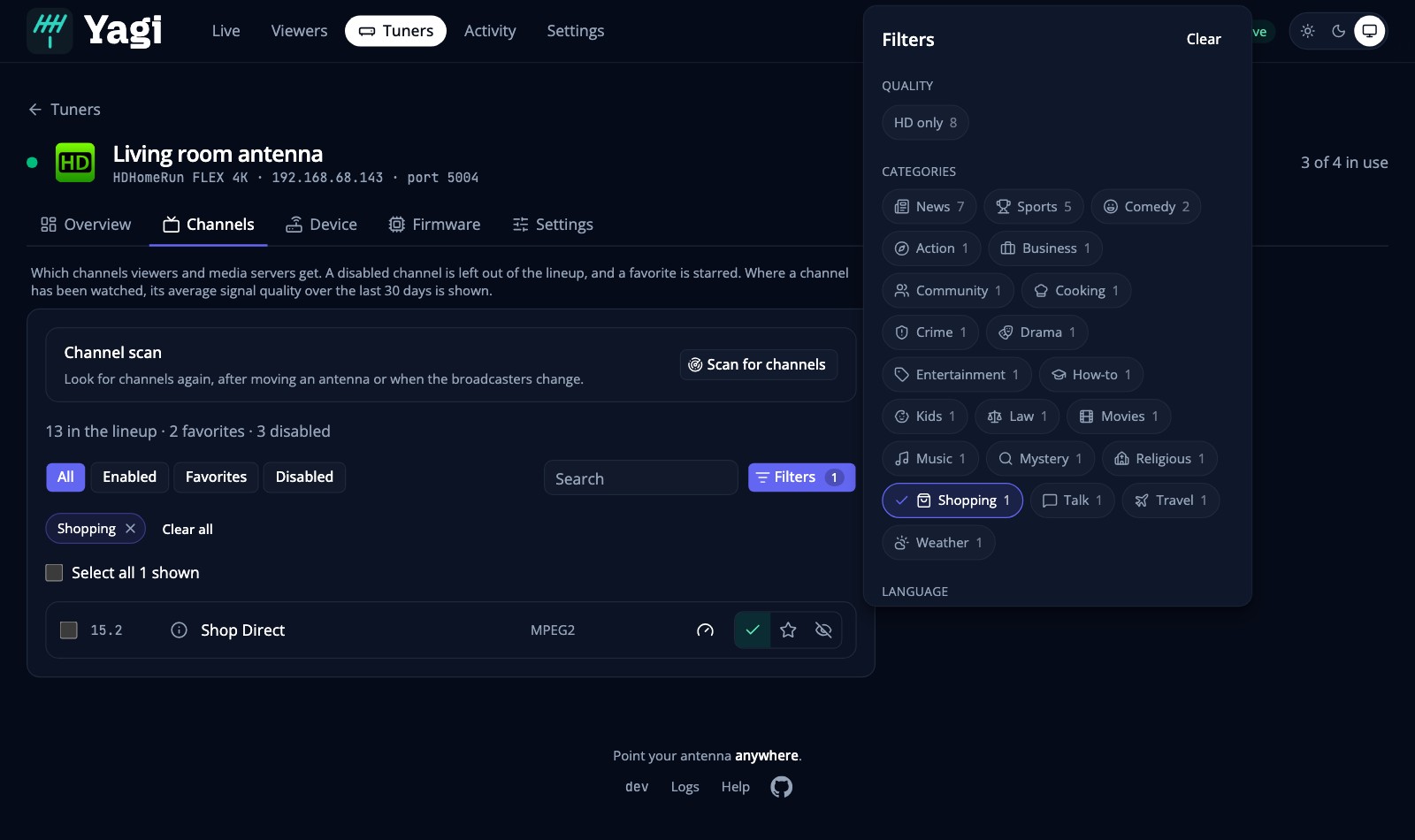 The Filters panel on the Channels tab, with Shopping chosen: HD only, categories with an icon and a count each, and languages with a flag, and the chosen filter shown as a chip above the list
