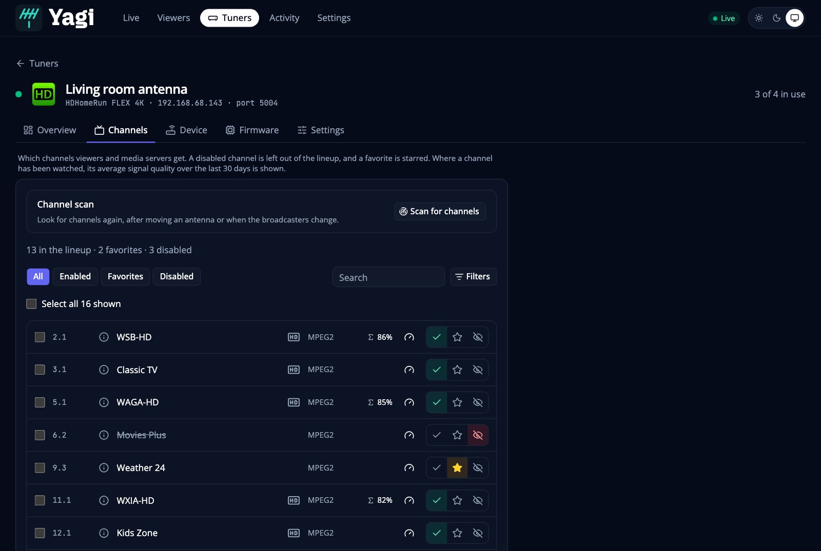 A tuner's Channels tab: a channel scan, and each channel found with its average signal quality and buttons to enable it, make it a favorite or disable it