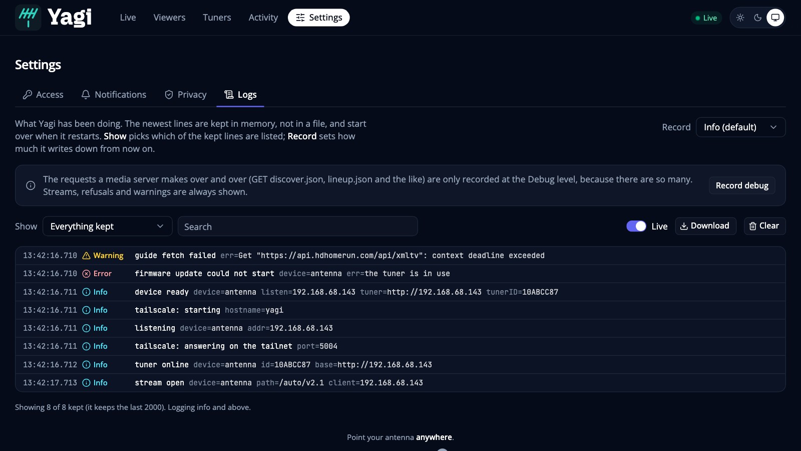 The Logs tab of the settings: a note that the requests a media server makes over and over are only recorded at the Debug level, with a button to switch it on, then lines with a time, a level with an icon and color, the message and its details, a menu to show some of them, a search box, Live, Download and Clear
