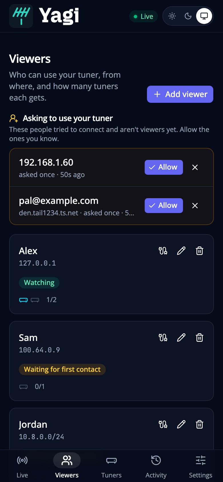 The Viewers page on a phone, with the tab bar along the bottom