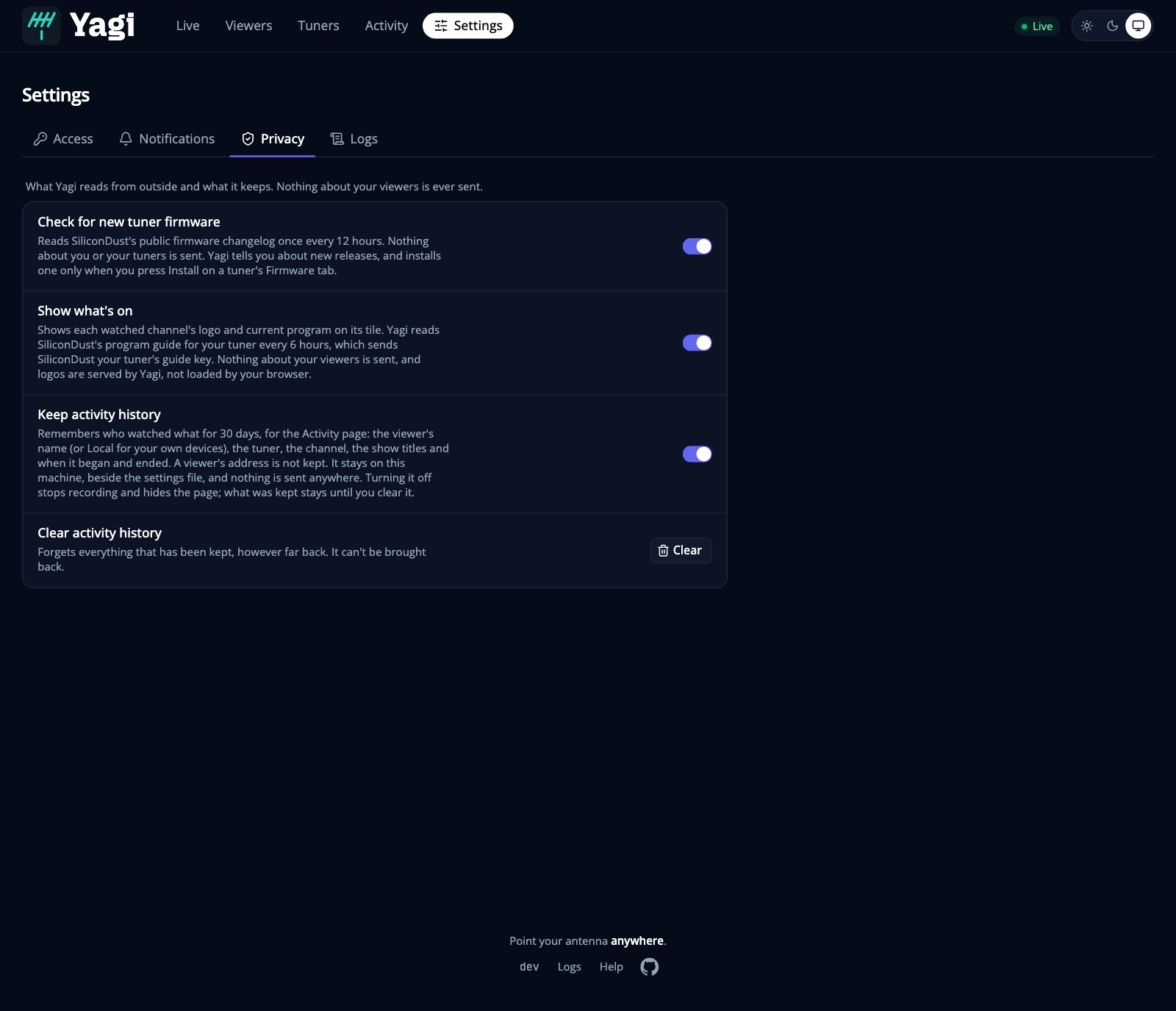The Settings page, on its Privacy tab
