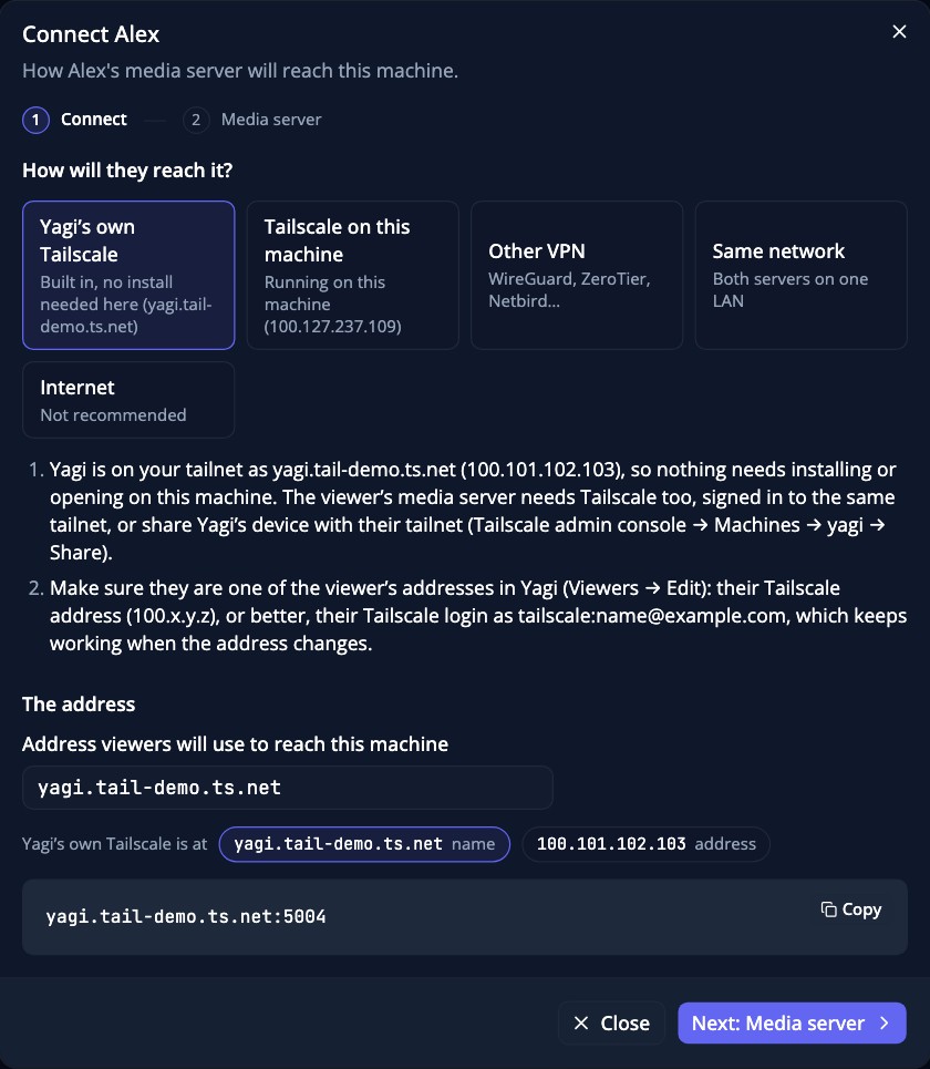 The connect step of adding a viewer, offering this machine's Tailscale and LAN addresses and the steps for the chosen connection
