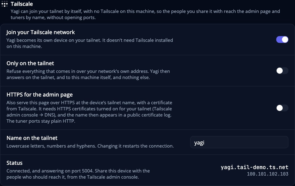 The Tailscale section of the Access tab: join your Tailscale network, only on the tailnet, HTTPS for the admin page, the name on the tailnet and the status with its address