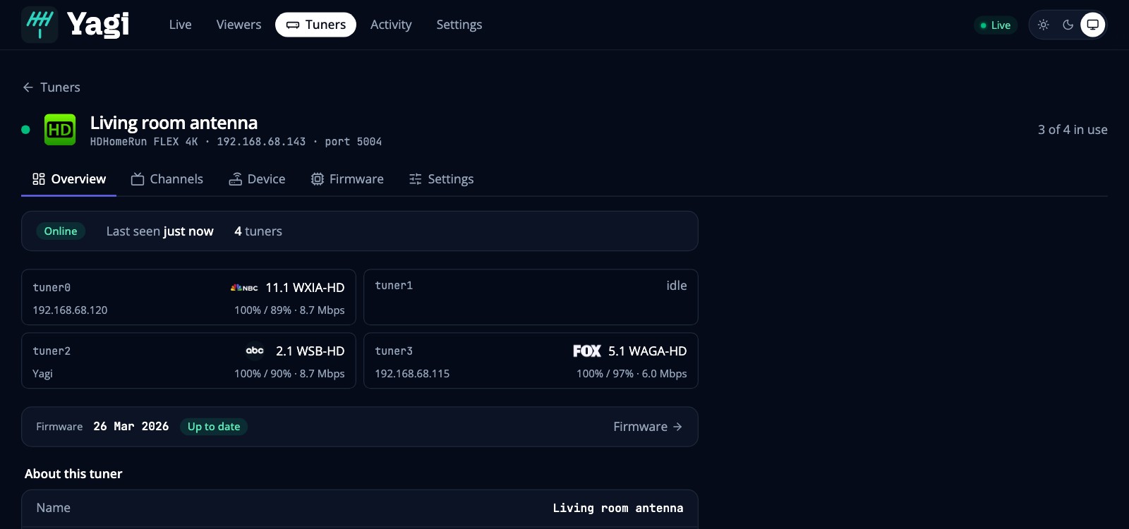 A tuner's page, on its Overview: how it is now, what is on each of its tuners, a line about its firmware and its details, with Overview, Channels, Device, Firmware and Settings tabs